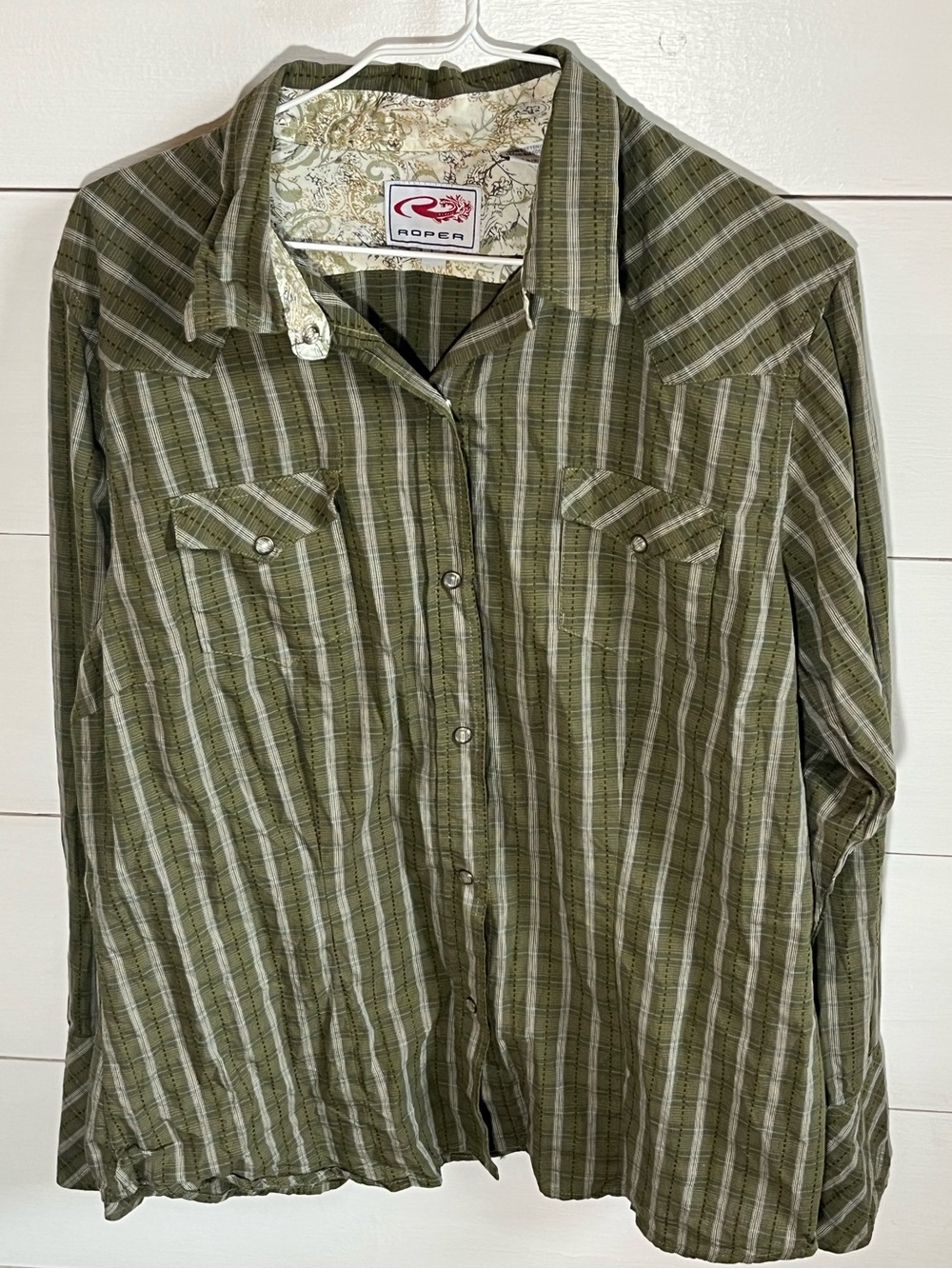 Roper Women’s Olive & White Striped Button-Down Shirt